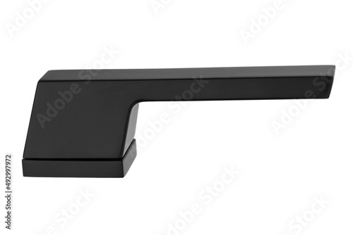 Door handle made of metal on an isolated white background. Reliable design handle for the door of houses, apartments, warehouses, offices and other premises. Black handle.