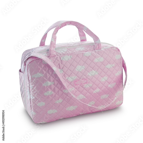 Bolsa de bebe rosa sobre fondo blanco. pink baby bag on white background