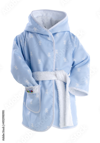 Albornoz azul de niño sobre fondo blanco. Blue bathrobe for child on white background.