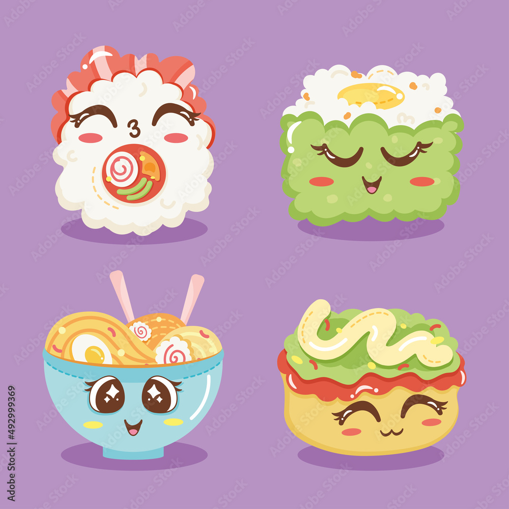 Naklejka premium four kawaii food characters