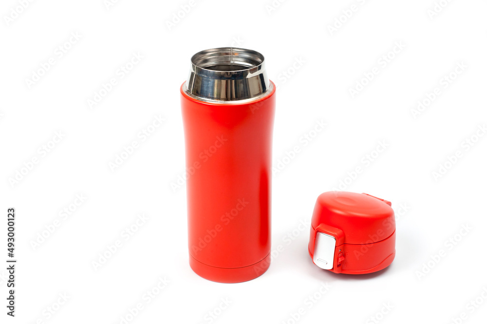 Thermos cup with red-orange vacuum lid for long-term storage of hot and cold drinks. For fitness and travel. Thermos cup with red-orange vacuum lid for long-term storage of hot and cold drinks. For fitness and travel.