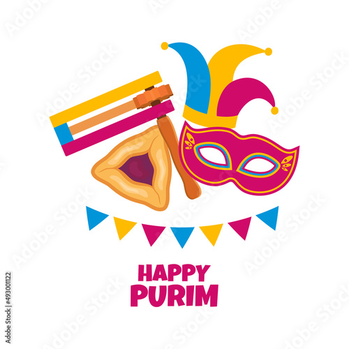 Happy Purim greeting card with grogger, hamantash pastry and carnival mask icon vector. Happy Jewish holiday Purim design element isolated on a white background. Important day