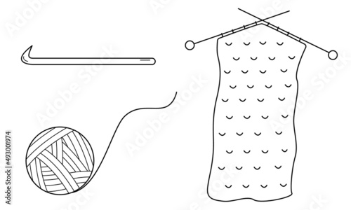 Hand drawn set of knitting items. Creative craft, hobby. Doodle scetch. Vector.