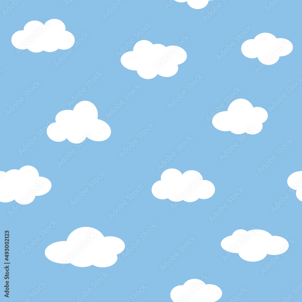Cute clouds simple seamless pattern. Vector clouds of different shapes on a blue background. Cartoon clouds for decorating a children room. Scandinavian style.