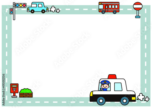 フレーム,パトカー,警察官,警察,乗り物,車,お巡りさん,職業,社会,自動車,働く車,可愛い,道路,アスファルト,枠,飾り枠,走る,道,安全,ドライブ,案内,お出かけ,かわいい,バス停,ポスト,交通,運転,イラスト,信号機,メッセージ,お知らせ,見出し,タイトル,広告,注目,バス,人物,男性,巡回,交通情報,アイコン