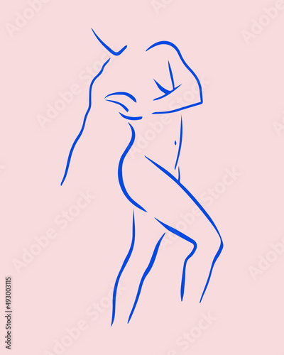 Trendy line art woman body. Minimalistic blue lines drawing. Female figure continuous line abstract drawing. Modern scandinavian design. Naked body vector illustration.
