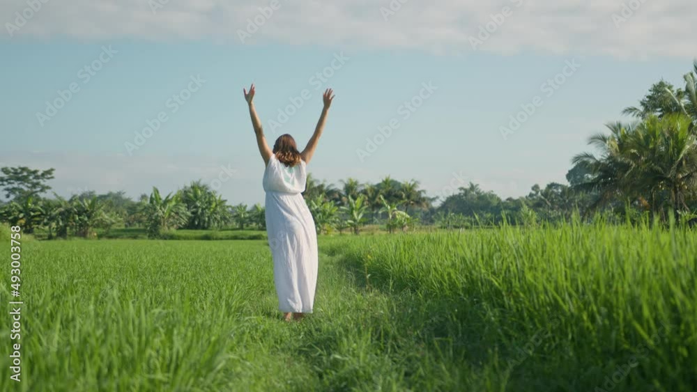 Pregnant woman going at the field with green grass and dance with happy face. Sunshine summer vibes Pregnant woman going at the field with green grass and dance with happy face. Sunshine summer vibes