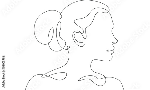 Continuous one line drawing sketch design illustration.Portrait of the head of a female character in profile.Woman face Abstract concept line art silhouette contour. Graphic design outline isolated ic