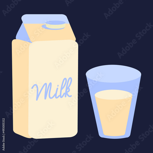 Simple flat milk pack and glass vector illustration. Beige and blue box and glass of milk. Dairy product. Organic farm milk. Lettering.