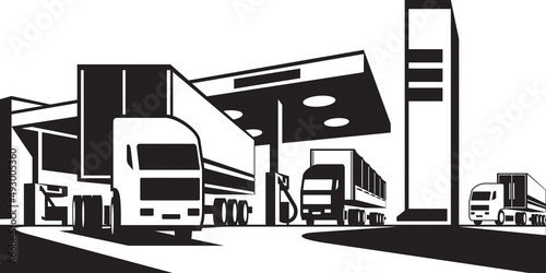 Tractor trucks with trailers at gas station – vector illustration
