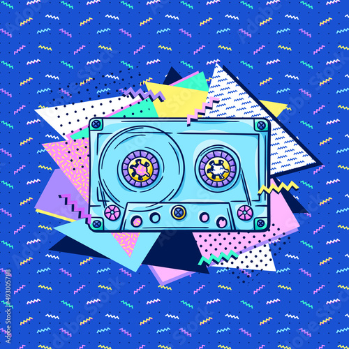 Audio cassette 90s style poster. Retro cassette for boombox or portable music player. Music album. 1990s trendy illustration. Nostalgia for the 90s.