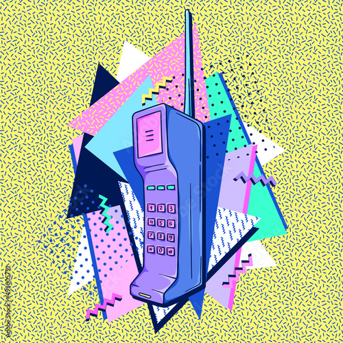 Mobile phone 90s poster. Retro cellphone. Cellular phone retro technology. 90s style banner. 1990s trendy illustration. Nostalgia for the 90s.