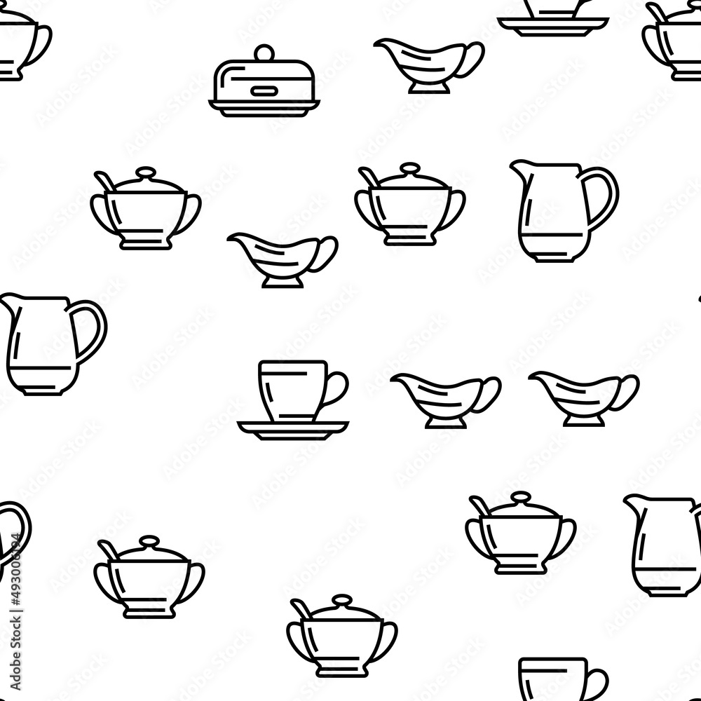 Tableware For Banquet Or Dinner Vector Seamless Pattern Thin Line Illustration
