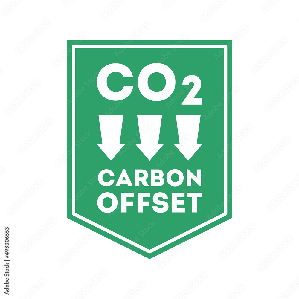 Carbon offset label or sign. Greenhouse gases reduction. CO2 offset warning. Carbon dioxide with down arrows on green background. Stop atmosphere pollution. Vector illustration, flat, clip art. Carbon offset label or sign. Greenhouse gases reduction. CO2 offset warning. Carbon dioxide with down arrows on green background. Stop atmosphere pollution. Vector illustration, flat, clip art.