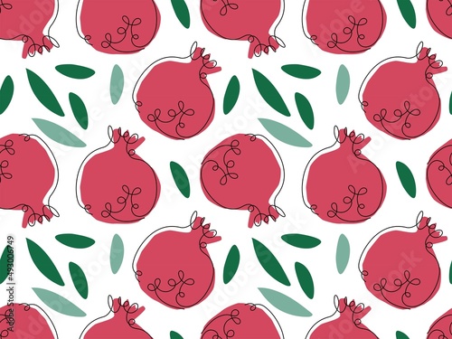 Pomegranate fruit seamless pattern. Continuous one line drawing pomegranate with leaf hand drawn repeated backdrop. Food template for background, textile, wrapping paper, wallpaper