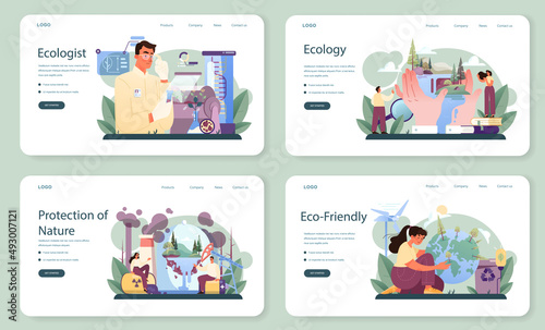 Ecologist web banner or landing page set. Scientist taking care of nature