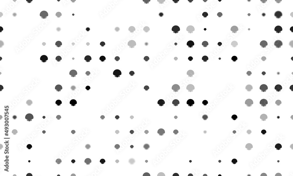 Seamless background pattern of evenly spaced black sea shell symbols of different sizes and opacity. Vector illustration on white background