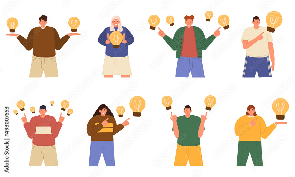 Set with creative male and female characters with light bulbs on white background. Concept of finding brilliant ideas. Lightbulbs as symbol of solutions and knowledge. Flat cartoon vector illustration Set with creative male and female characters with light bulbs on white background. Concept of finding brilliant ideas. Lightbulbs as symbol of solutions and knowledge. Flat cartoon vector illustration