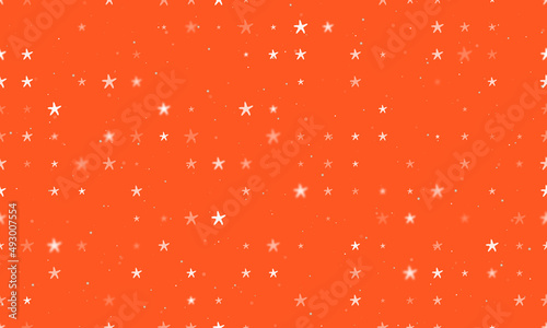 Seamless background pattern of evenly spaced white starfish symbols of different sizes and opacity. Vector illustration on deep orange background with stars