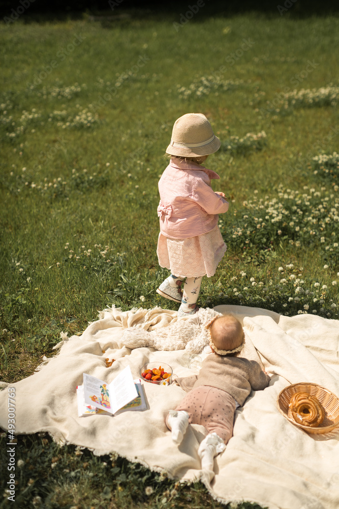 .A CHILD AT A SUMMER PINCIC, A CHILD LIES ON A PLAQUE