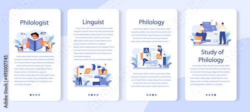 Philologist mobile application banner set. Scientific study of language