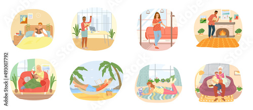 Reading people flat character set with books magazines literature isolated vector illustration. Young male and female readers dressed in trendy clothes relaxing at home with books or textbooks