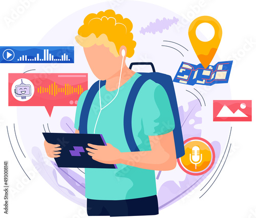 Voice assistant software agent perform tasks for user. Speaker recognition, vote controlled smart speaker. Man voice activated digital assistants, identification. Virtual assistant, sound robot
