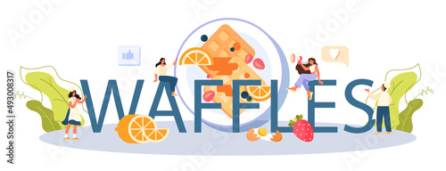 Waffles typographic header. Sweet Belgian pastries with cream topping