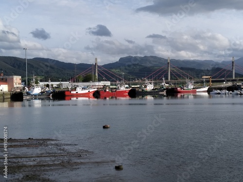 Seaport with several boats moored and the mountains in the background.
