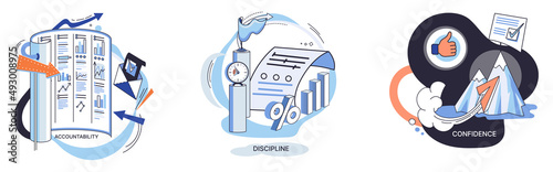 Personal quality concept creative metaphors set. Confidence, accountability and discipline, mental strength, psychological flexibility, decision making, leadership role, personal development