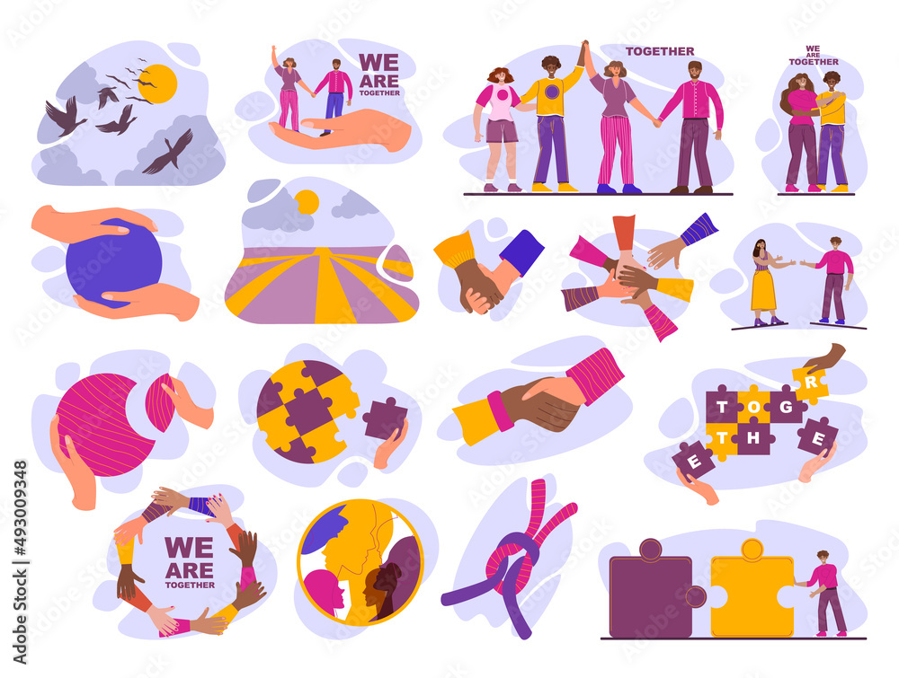 Fototapeta premium Unity concept set. Different people unite together. Join hands and pieces