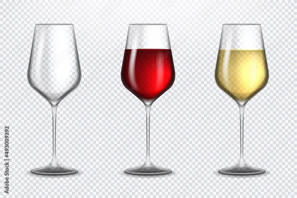 Set transparent vector wine glasses empty, with white and red wine on transparent background. Alcoholic drink. White and red wine. Vector illustration