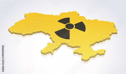 3D map of Ukraine with black radioactivity symbol on yellow background