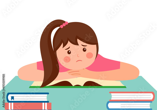Girl student boring reading or doing homework in flat design on white background. Boring face with books.