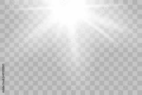 Shining sun glare rays, lens flare vector illustration. Sunlight glowing png effect. White beam sunrays sky background