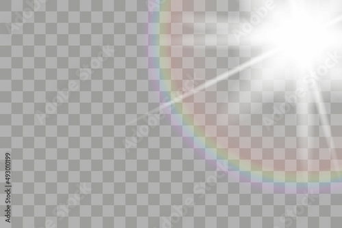 Shining sun glare rays, lens flare vector illustration with a rainbow. Sunlight glowing png effect. White beam sunrays sky background
