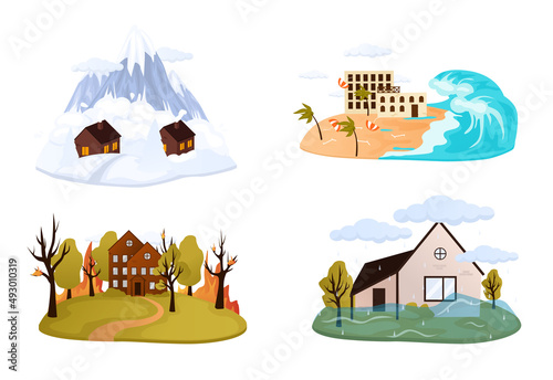 Fototapeta Naklejka Na Ścianę i Meble -  Natural disaster, catastrophe set of vector illustrations with tornado, blizzard, fire, tsunami isolated compositions with various kinds of elemental calamities and catastrophes vector illustration
