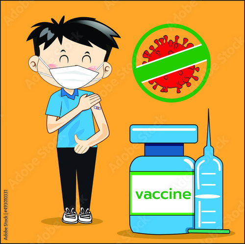 Illustration of children vaccinating against COVID-19 on an orange background