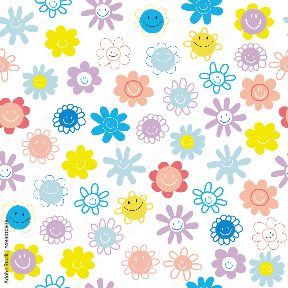 Seamless pattern with happy flowers. Childish cute print. Vector hand drawn illustration.