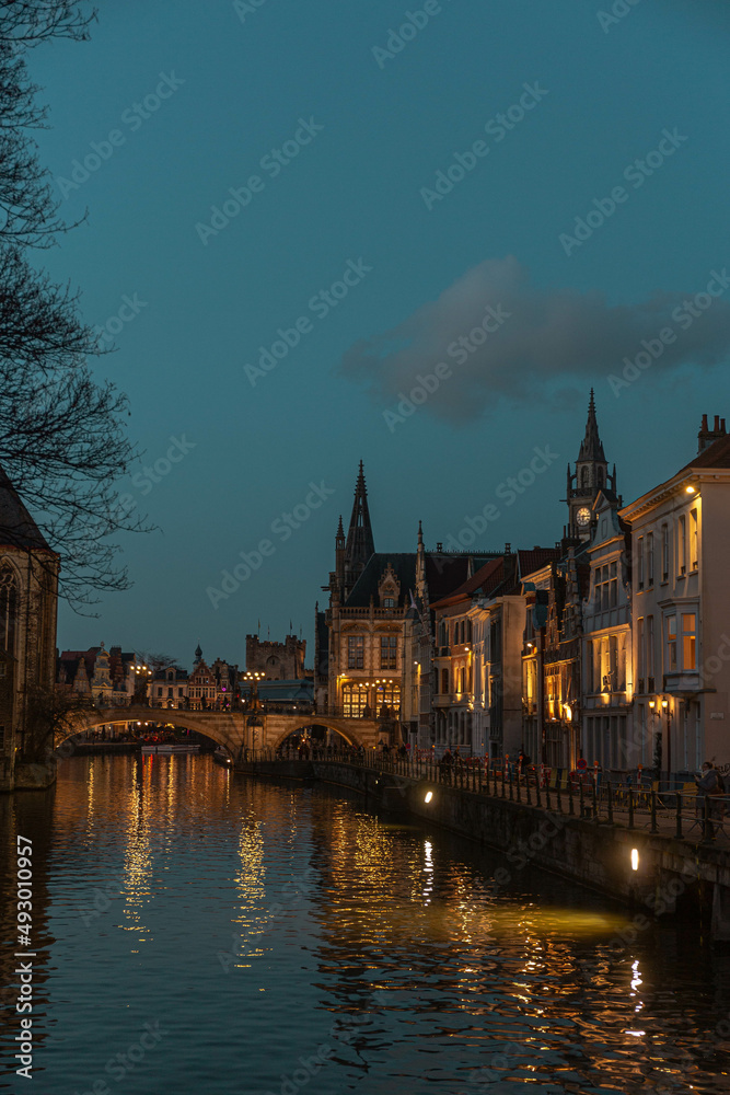 The historic city center in Ghent (Gent), Belgium. Architecture and landmark of Ghent. Cityscape of Ghent.
