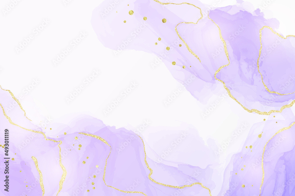 Violet lavender liquid watercolor marble background with golden lines. Pastel purple periwinkle alcohol ink drawing effect. Vector illustration design template for wedding invitation, menu, rsvp