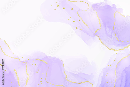 Violet lavender liquid watercolor marble background with golden lines. Pastel purple periwinkle alcohol ink drawing effect. Vector illustration design template for wedding invitation, menu, rsvp