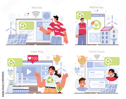 Ecology online service or platform set. Alternative energy and green