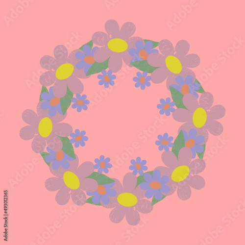Vintage wreath of flowers and leaves, translucent elements with scratches and scuffs