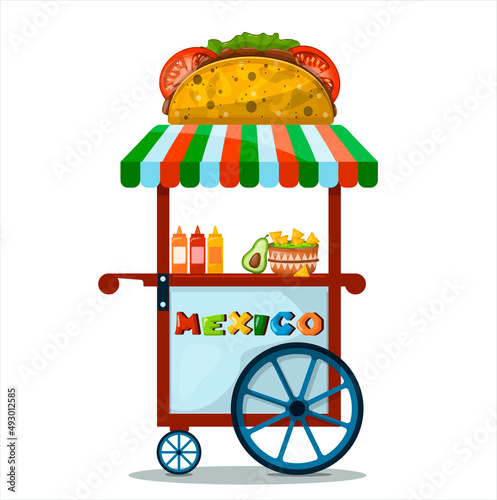 Vector street cart with Mexican food. Flat cartoon illustration of cart selling taco, nachos at fairs, street, Park, festival. Outdoors stall with fast food in city. Ethnic menu for Cinco de mayo