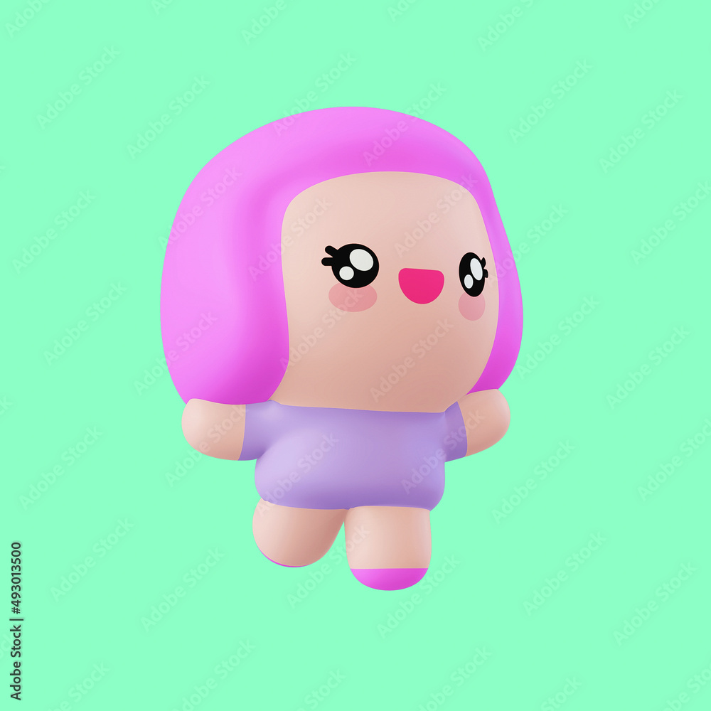 Funny little kawaii character. Cartoon cute girl 3d render illustration on blue backdrop Funny little kawaii character. Cartoon cute girl 3d render illustration on blue backdrop