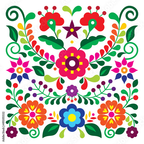 Mexican folk art style vector floral greeting card square design, retro vibrant pattern inspired by traditional embroidery from Mexico
 