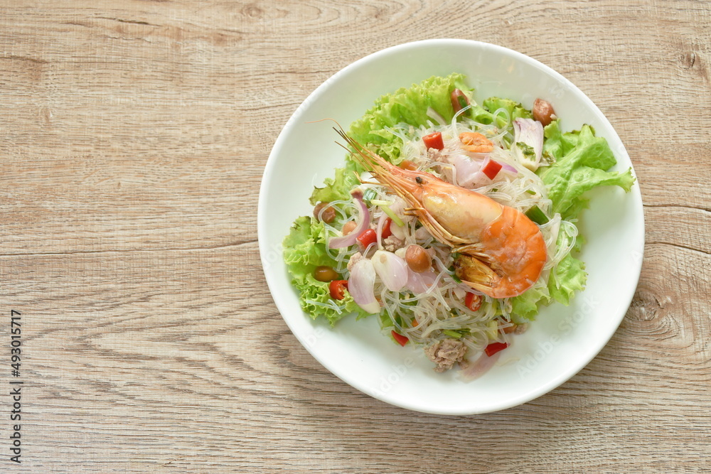 glass noodle with shrimp and chop pork spicy salad on plate glass noodle with shrimp and chop pork spicy salad on plate