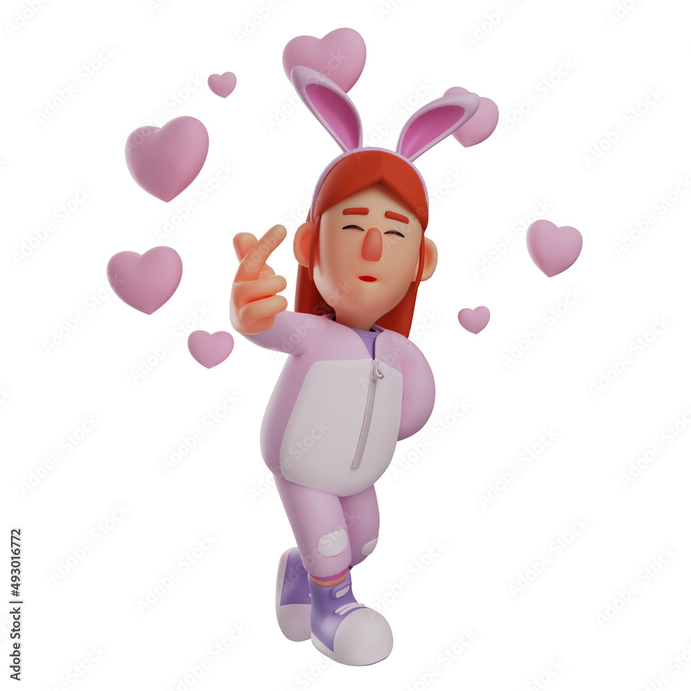 Romantic 3D Bunny Girl Cartoon Illustration with love sign finger Romantic 3D Bunny Girl Cartoon Illustration with love sign finger