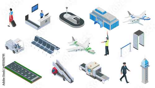 Collection airport isometric icons vector illustration travel terminal. Airline business tourism